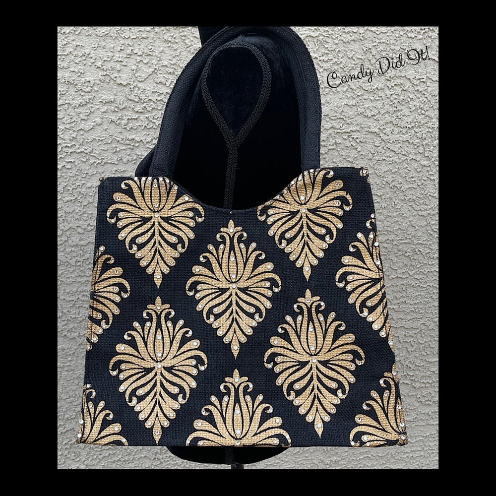 NWT Black & Gold Bling Tote With Clear Crystals